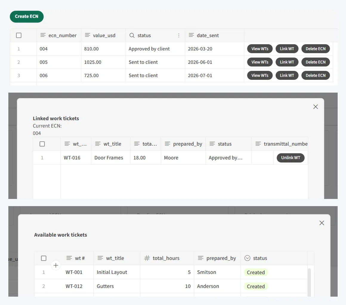 Change notice screen showing available work tickets and linked work tickets